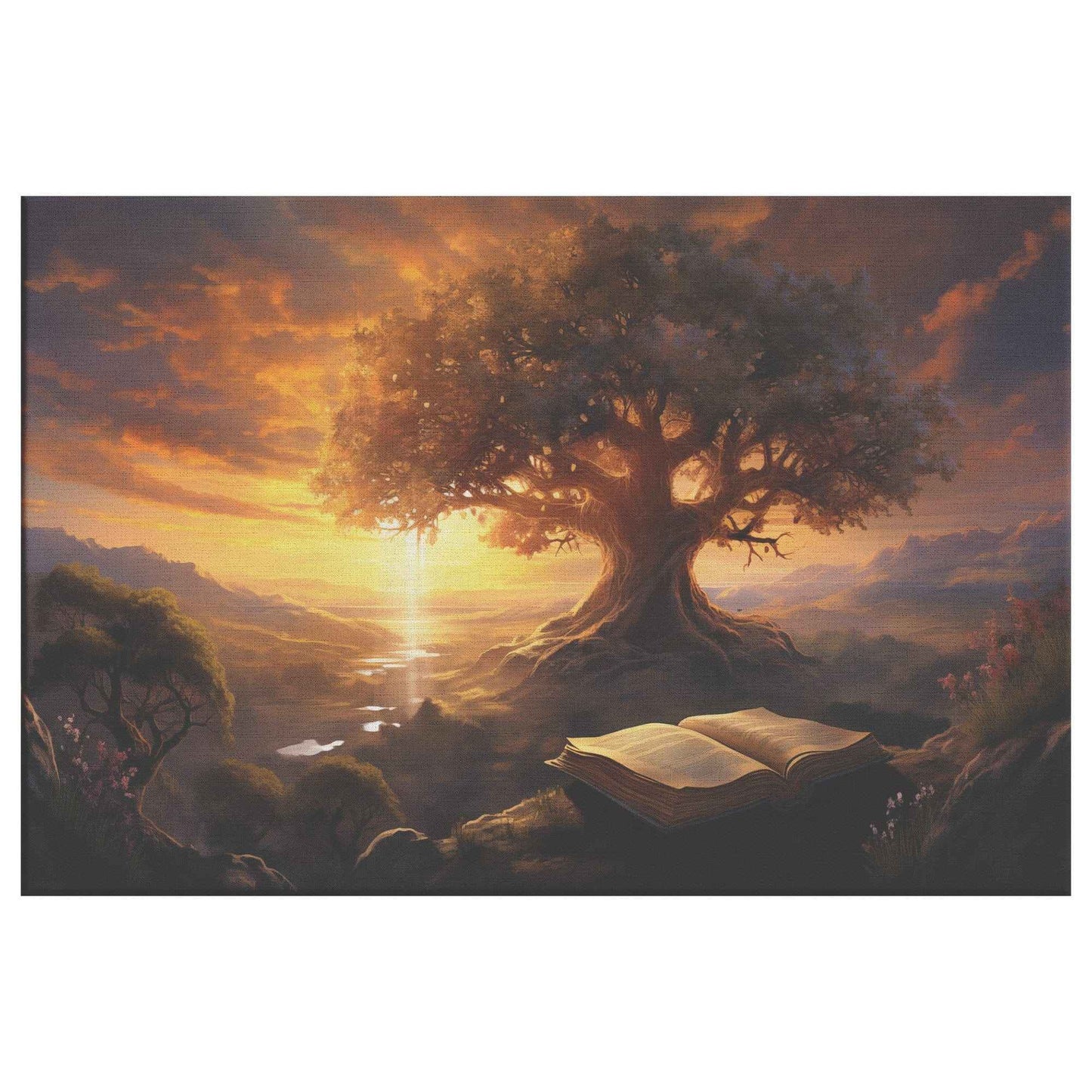 Beautiful Organge Sunset Overlooking The Tree Of Good & Evil With Bible Open