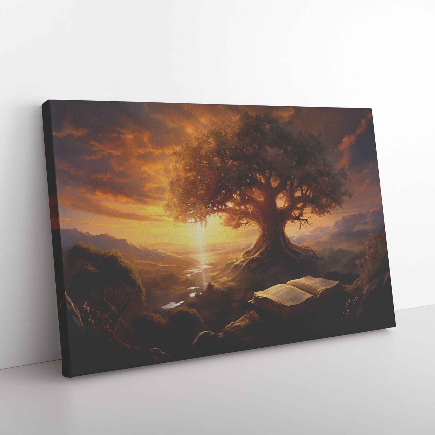Beautiful Organge Sunset Overlooking The Tree Of Good & Evil With Bible Open