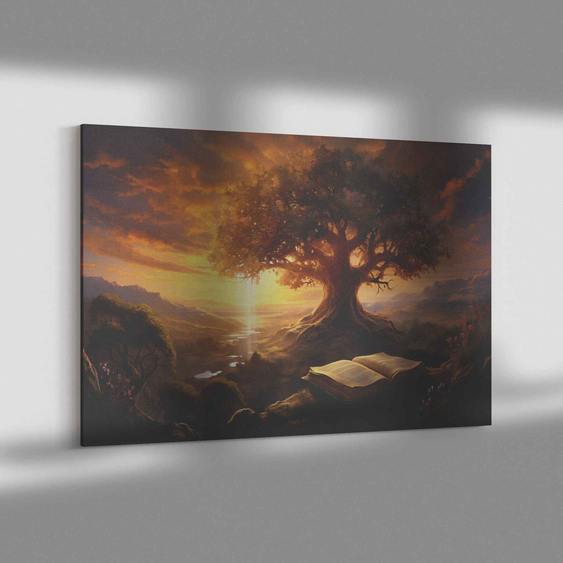 Beautiful Organge Sunset Overlooking The Tree Of Good & Evil With Bible Open