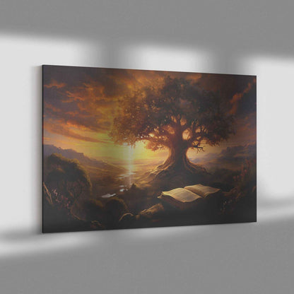 Beautiful Organge Sunset Overlooking The Tree Of Good & Evil With Bible Open