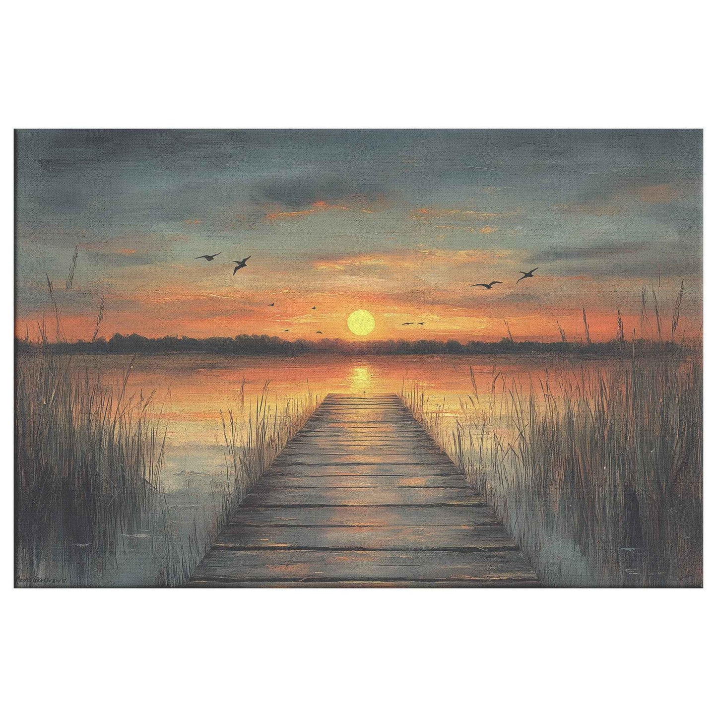 Beautiful Sunset Over Lake with Reeds and Birds  Oil Painting-Style Natural Scenery Canvas Wall Art