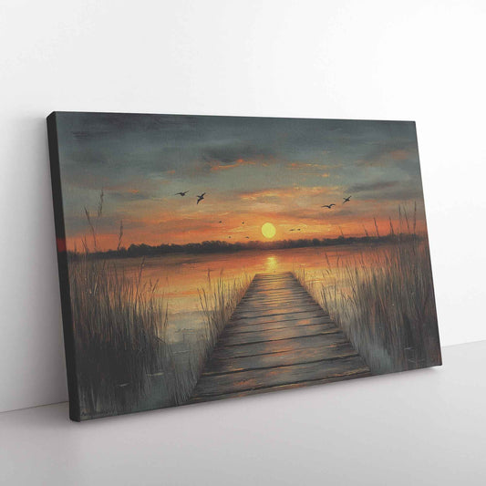 Beautiful Sunset Over Lake with Reeds and Birds  Oil Painting-Style Natural Scenery Canvas Wall Art