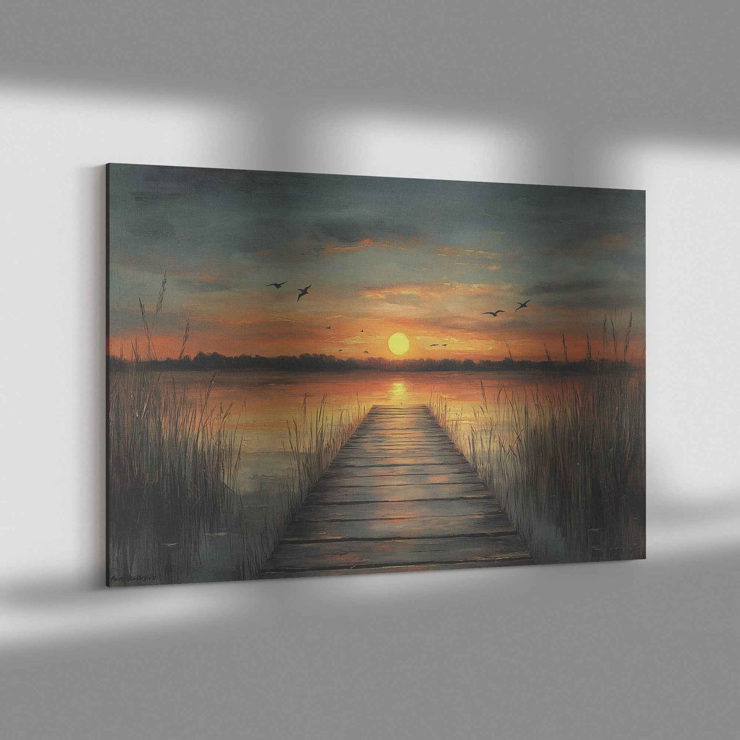 Beautiful Sunset Over Lake with Reeds and Birds  Oil Painting-Style Natural Scenery Canvas Wall Art