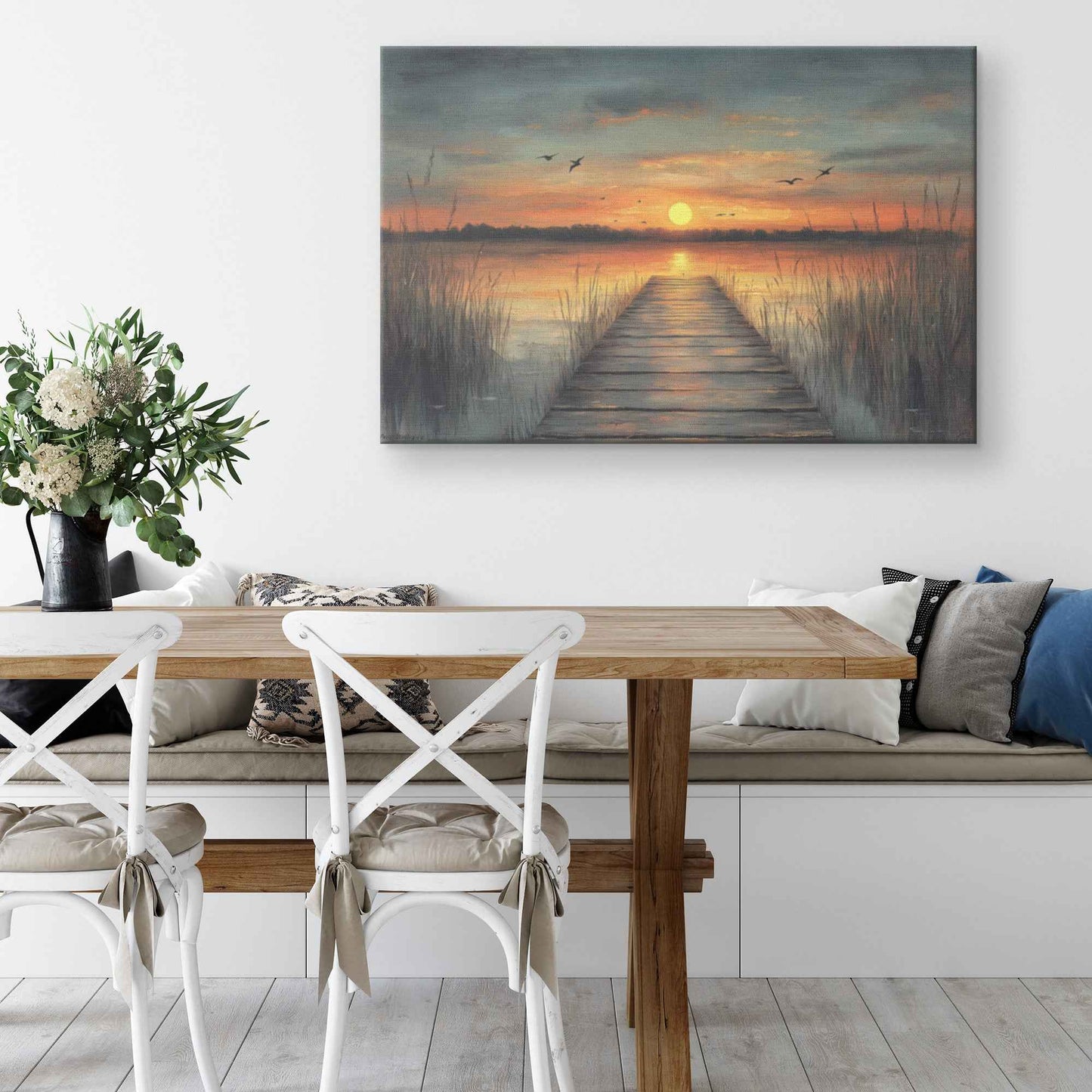 Beautiful Sunset Over Lake with Reeds and Birds  Oil Painting-Style Natural Scenery Canvas Wall Art