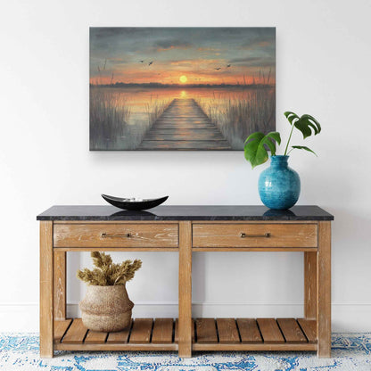 Beautiful Sunset Over Lake with Reeds and Birds  Oil Painting-Style Natural Scenery Canvas Wall Art