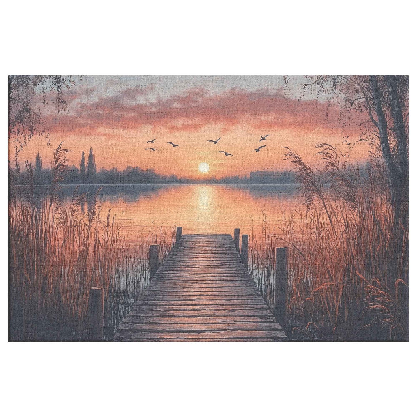 Beautiful Sunset Over Lake with Reeds and Wooden Dock  Serene Canvas Wall Art