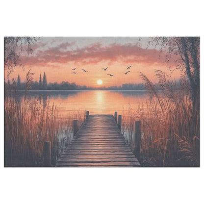Beautiful Sunset Over Lake with Reeds and Wooden Dock  Serene Canvas Wall Art