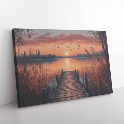 Beautiful Sunset Over Lake with Reeds and Wooden Dock  Serene Canvas Wall Art