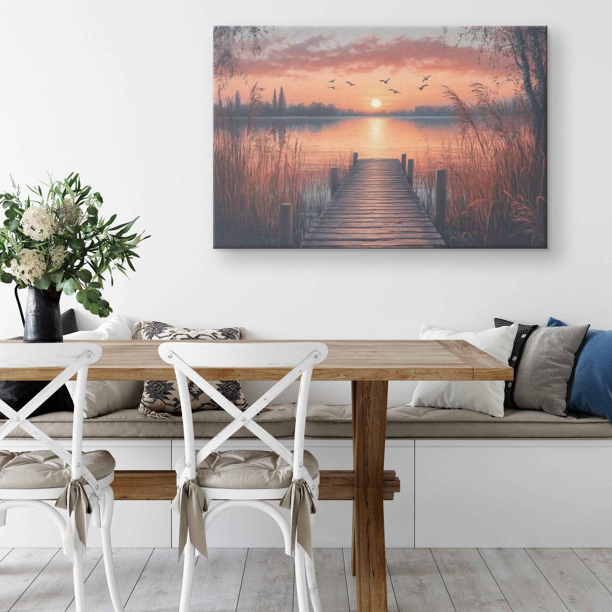 Beautiful Sunset Over Lake with Reeds and Wooden Dock  Serene Canvas Wall Art