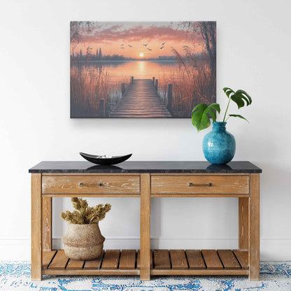 Beautiful Sunset Over Lake with Reeds and Wooden Dock  Serene Canvas Wall Art