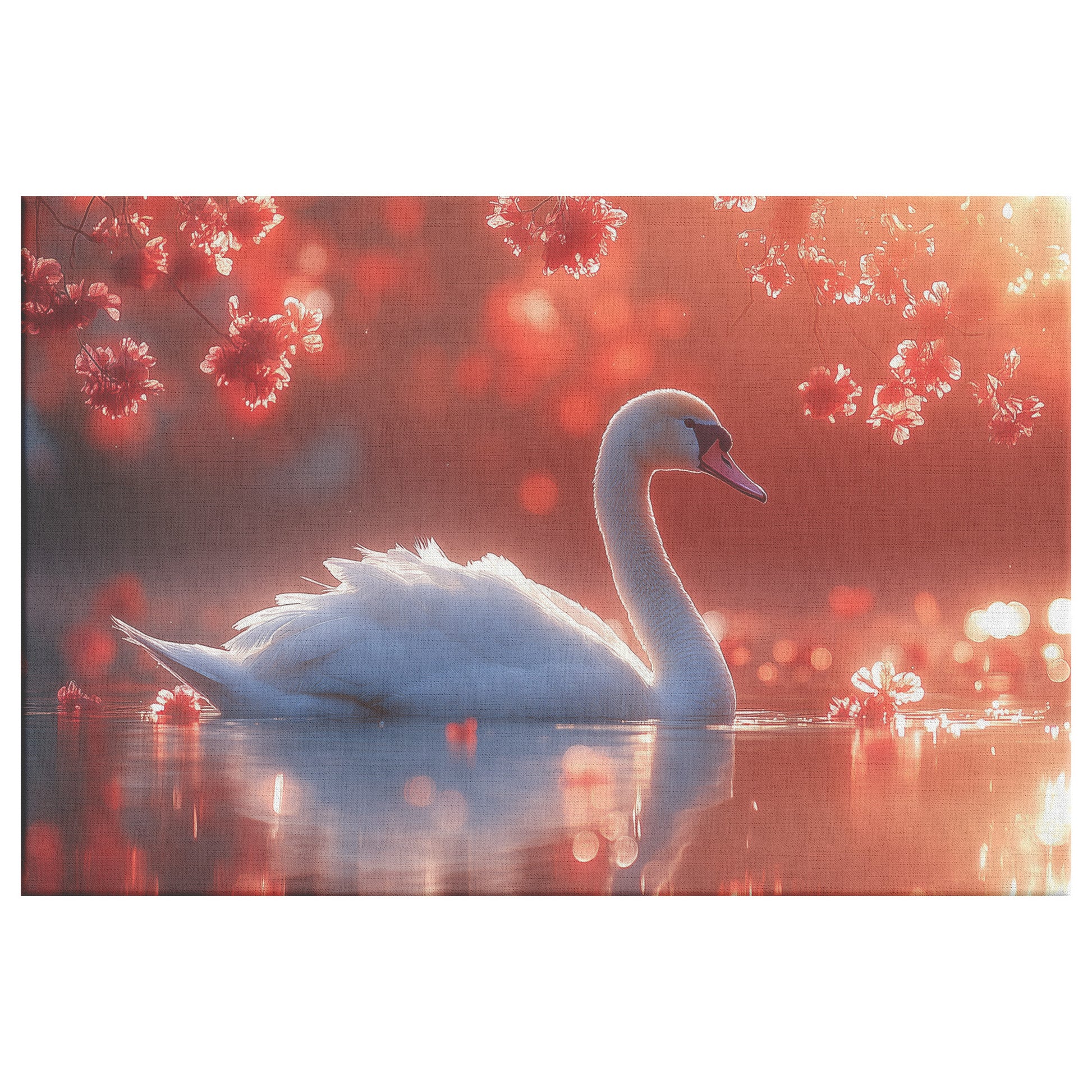 Beautiful White Swan Gliding on Shimmering Water Surrounded Cherry Blossoms at Sunset   Christian Canvas Wall Art Decor - Awakening Righteousness