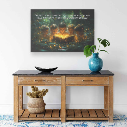 Bible Adventures Children Reading The Bible Together Canvas Art DecorTrust in the LORD with all thine heart; and lean not unto thine own understanding.