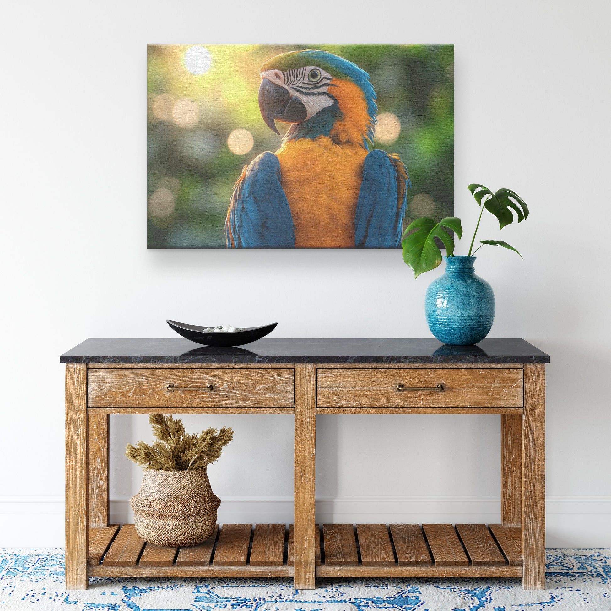 Blue and Yellow Macaw Parrot at Golden Hour Capturing Nature's Beauty   Christian Canvas Wall Art Decor - Awakening Righteousness