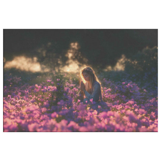Boundless Grace Woman Praying in a Sea of Purple Flowers   Dreamy Christian Canvas Wall Art Decor