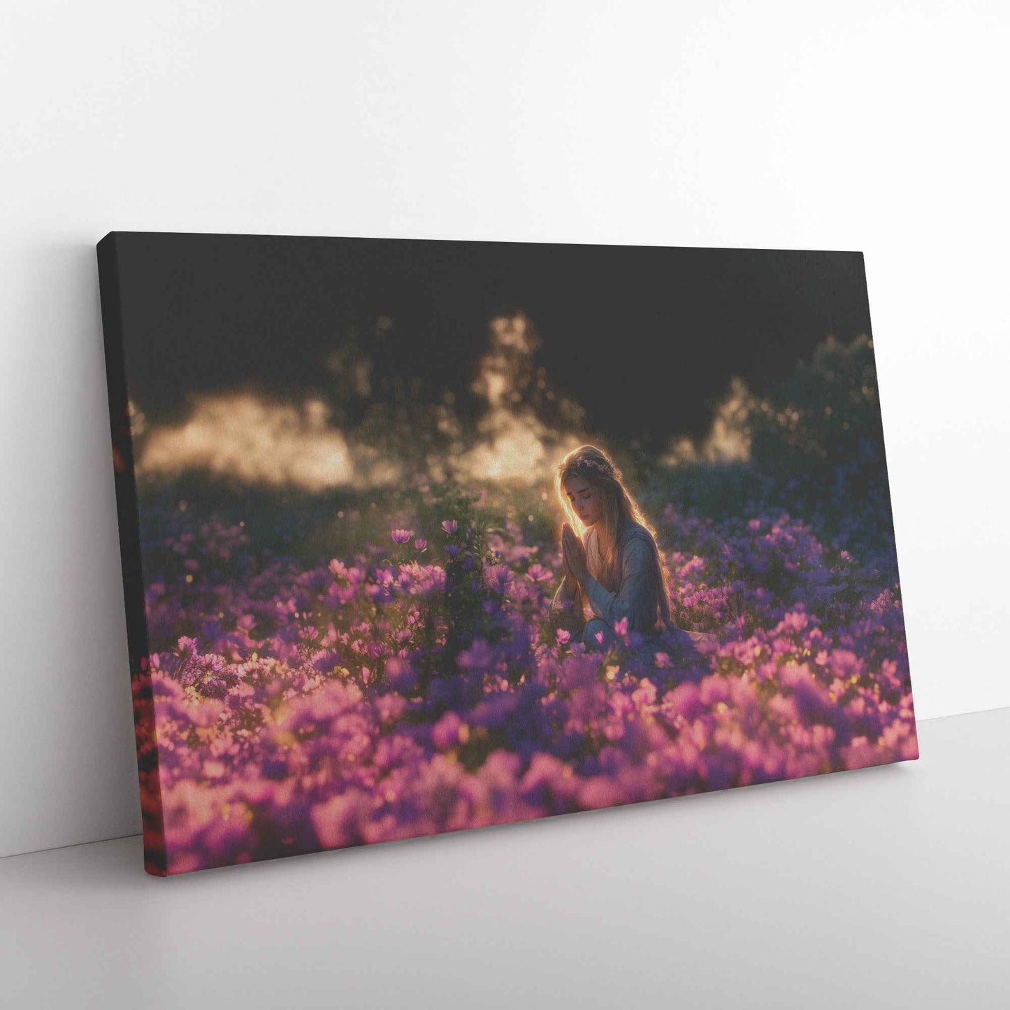 Boundless Grace Woman Praying in a Sea of Purple Flowers   Dreamy Christian Canvas Wall Art Decor