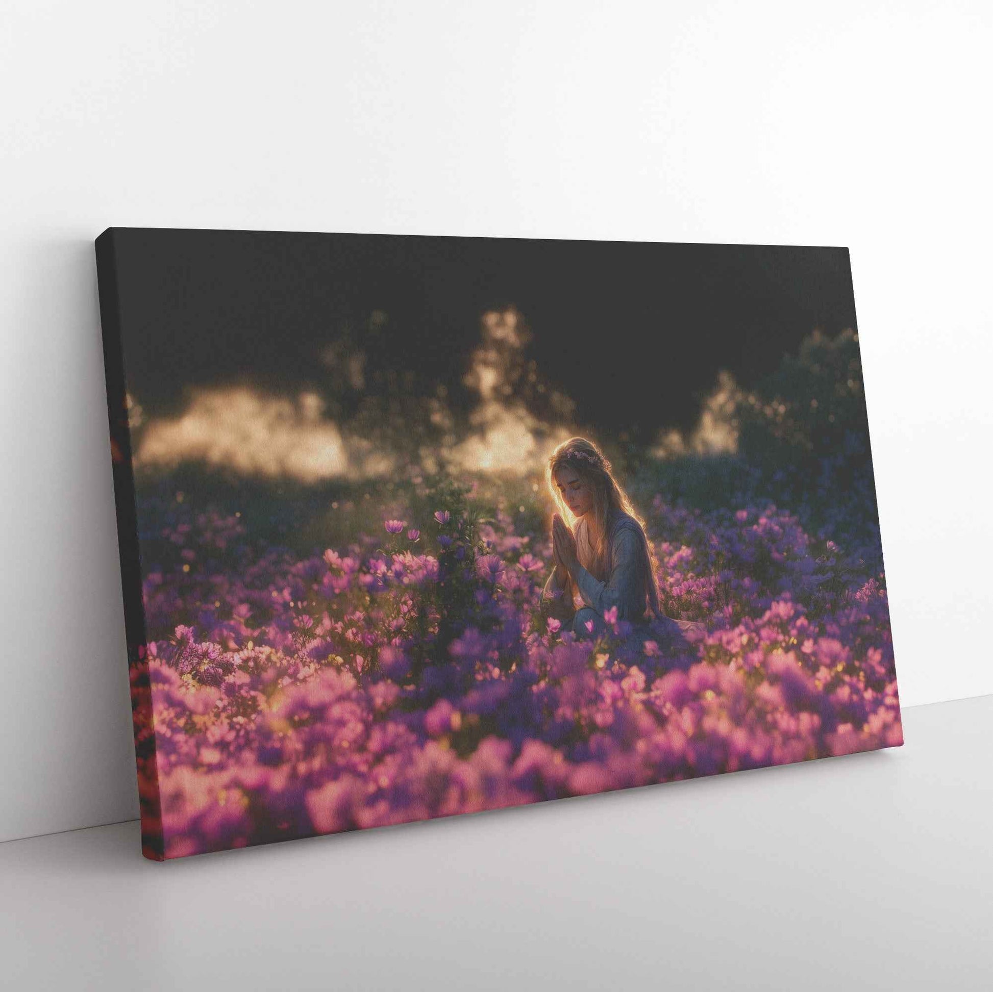 Boundless Grace Woman Praying in a Sea of Purple Flowers   Dreamy Christian Canvas Wall Art Decor