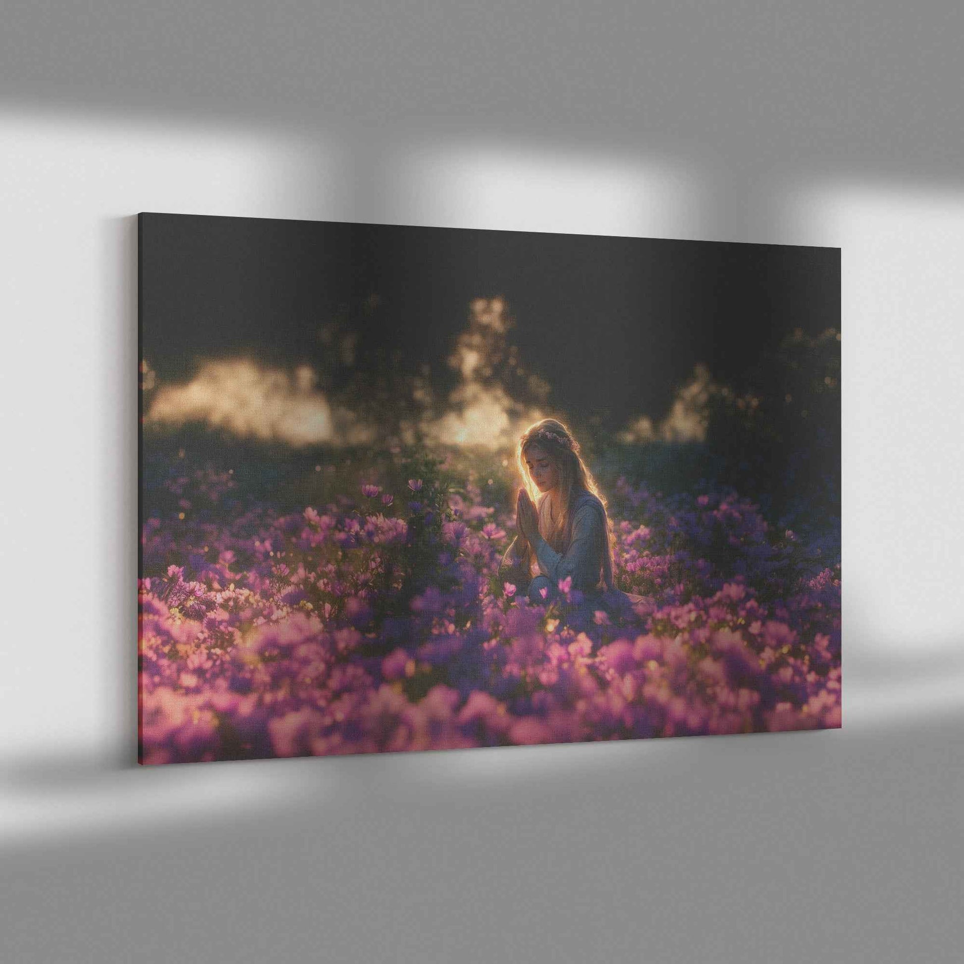 Boundless Grace Woman Praying in a Sea of Purple Flowers   Dreamy Christian Canvas Wall Art Decor