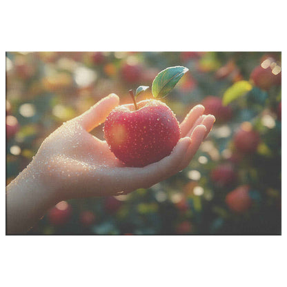 Capturing Nature's Bounty Hand Holding a Red Apple in a Sunlit Orchard   Christian Canvas Wall Art Decor