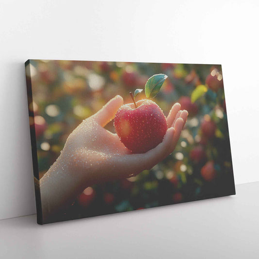 Capturing Nature's Bounty Hand Holding a Red Apple in a Sunlit Orchard   Christian Canvas Wall Art Decor
