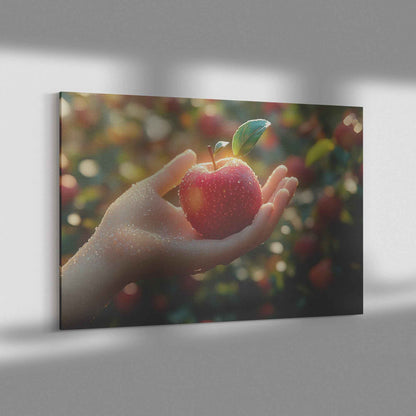 Capturing Nature's Bounty Hand Holding a Red Apple in a Sunlit Orchard   Christian Canvas Wall Art Decor