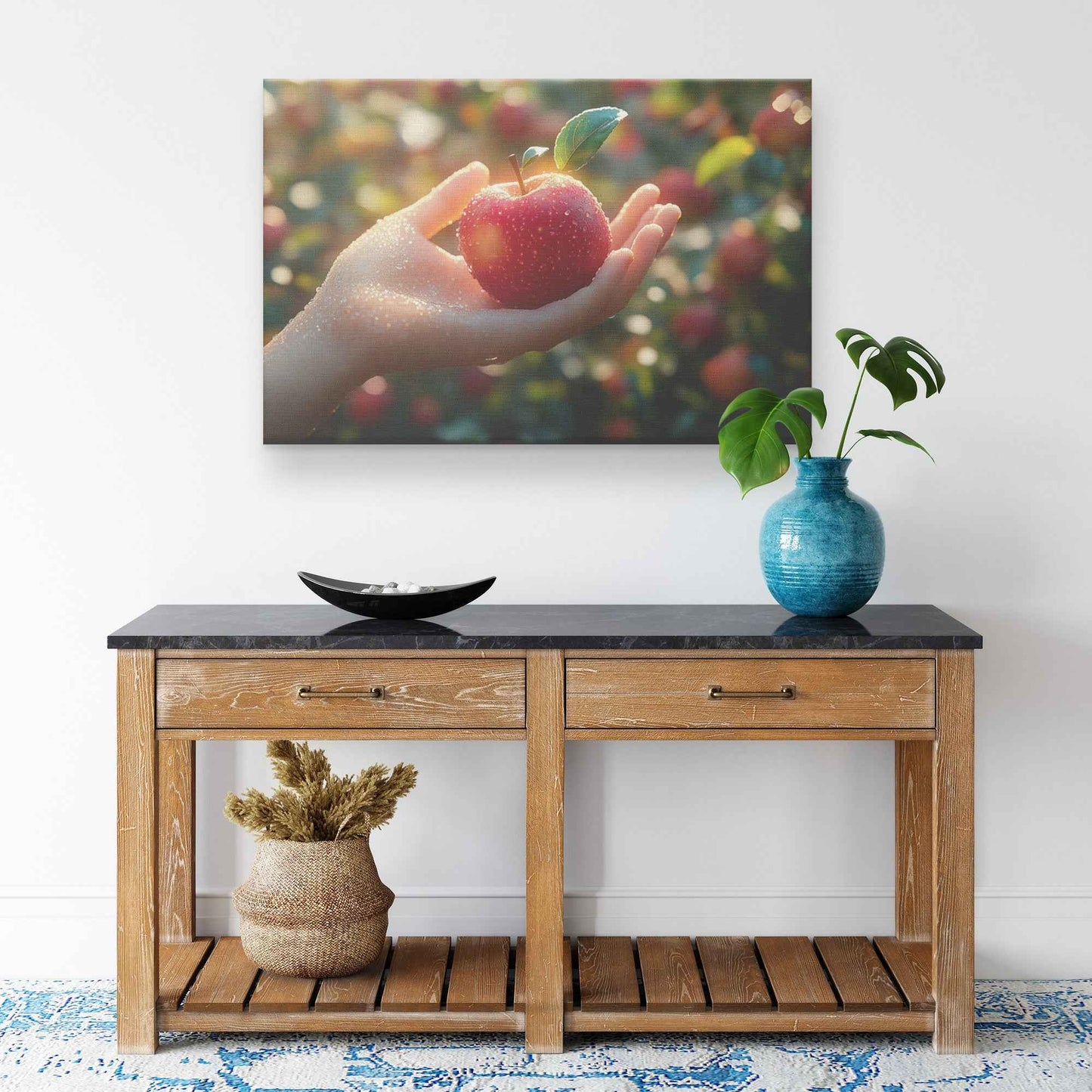Capturing Nature's Bounty Hand Holding a Red Apple in a Sunlit Orchard   Christian Canvas Wall Art Decor