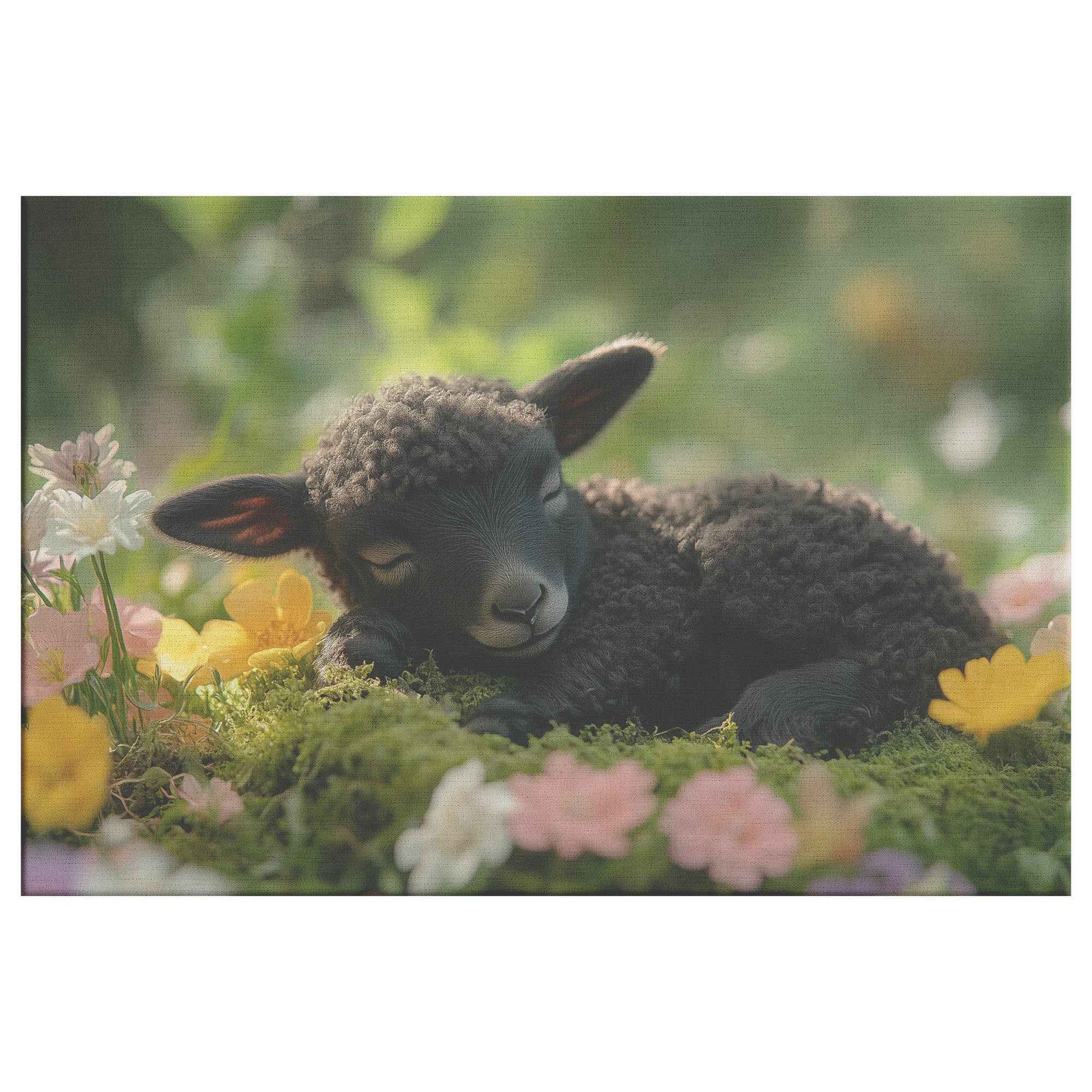 Charming Black Lamb Among Vibrant Spring Blooms A Serene Embrace of Nature   Christian Canvas Wall Art Decor