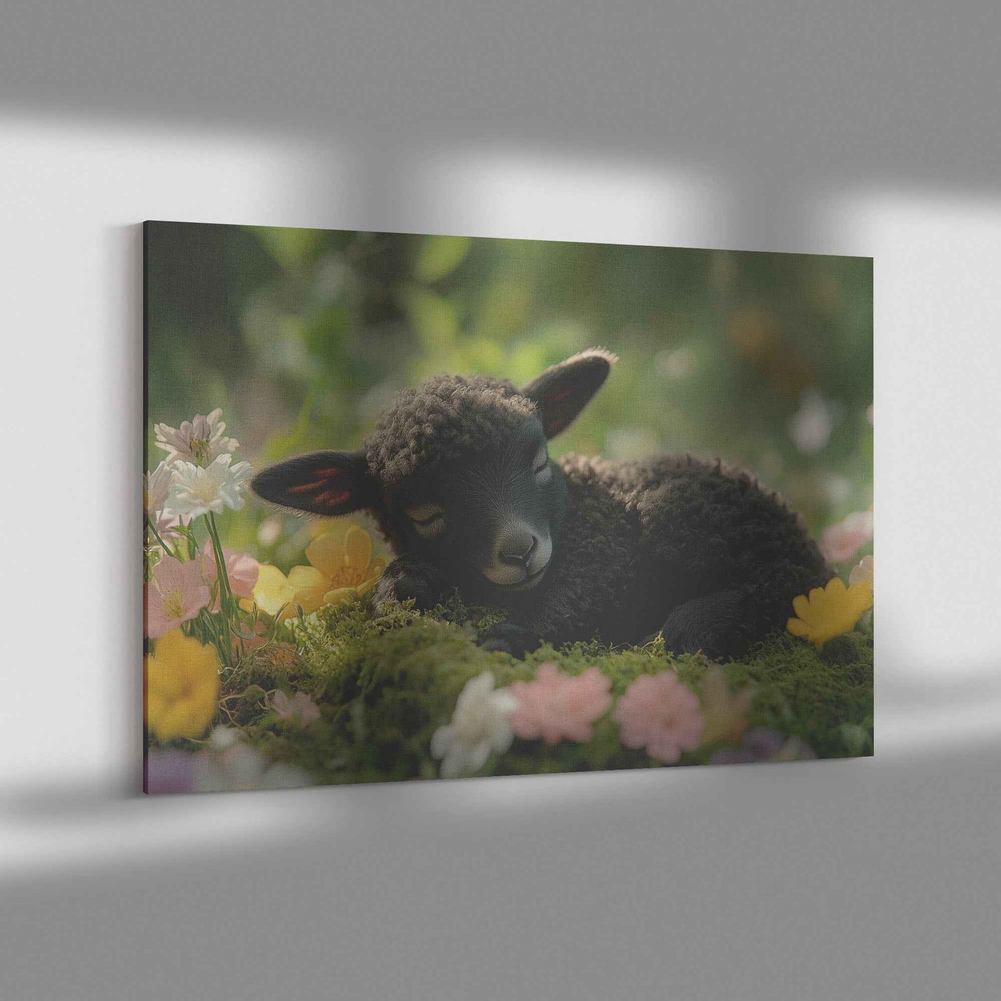 Charming Black Lamb Among Vibrant Spring Blooms A Serene Embrace of Nature   Christian Canvas Wall Art Decor