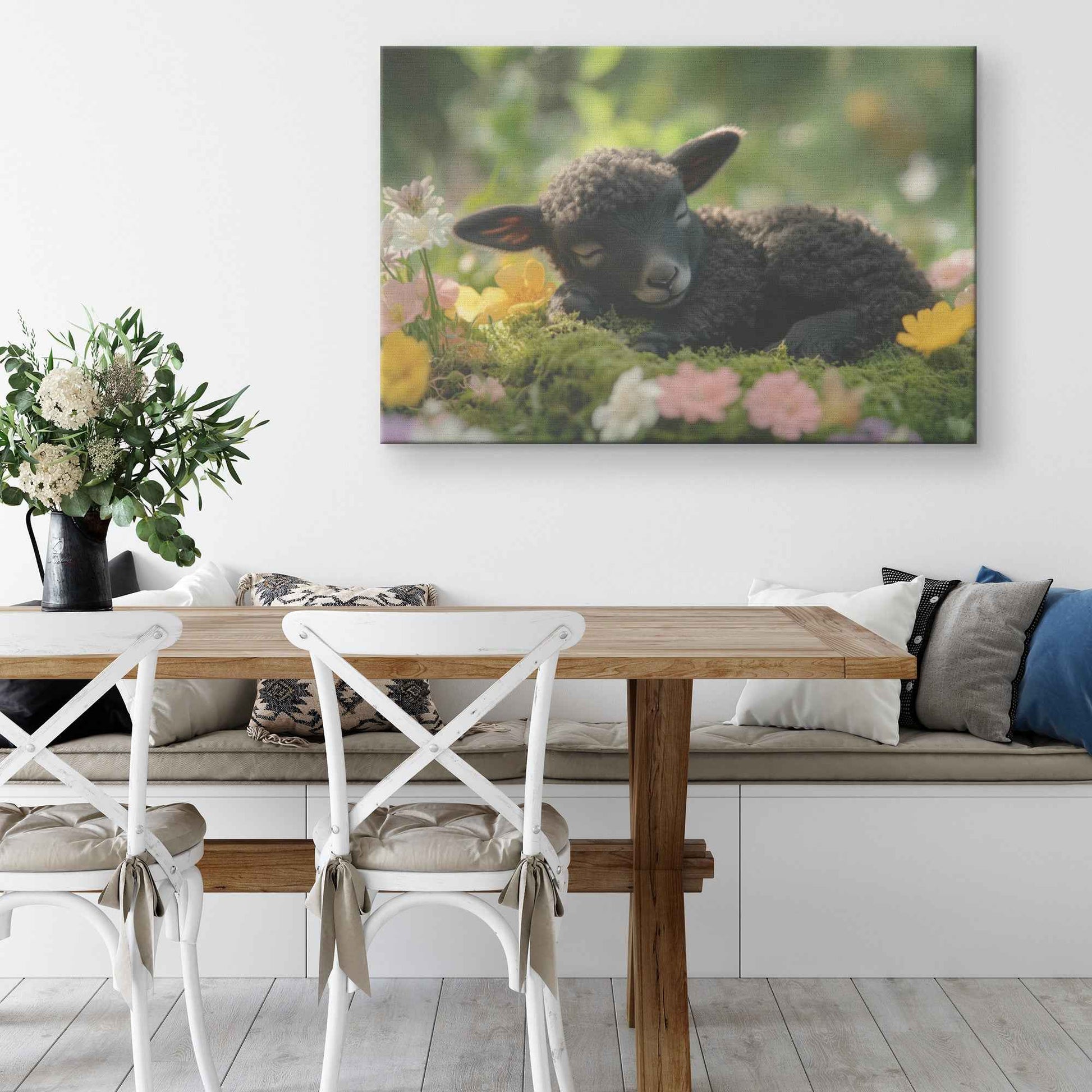 Charming Black Lamb Among Vibrant Spring Blooms A Serene Embrace of Nature   Christian Canvas Wall Art Decor