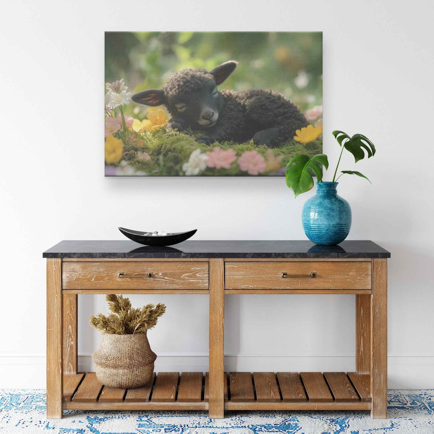 Charming Black Lamb Among Vibrant Spring Blooms A Serene Embrace of Nature   Christian Canvas Wall Art Decor