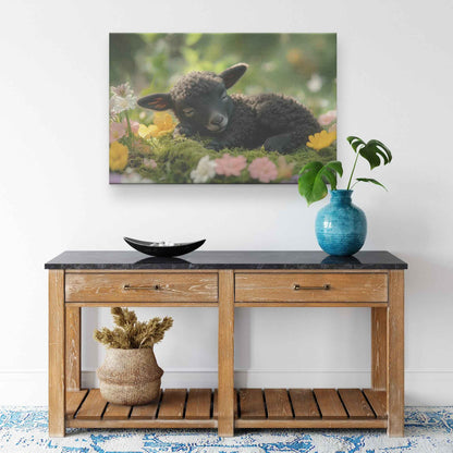 Charming Black Lamb Among Vibrant Spring Blooms A Serene Embrace of Nature   Christian Canvas Wall Art Decor