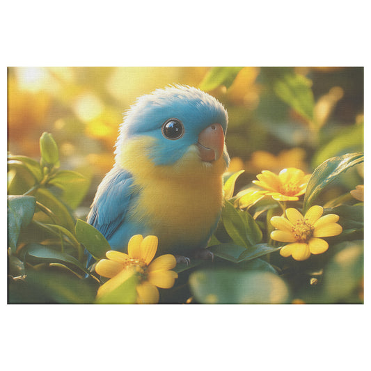 Charming Blue and Yellow Parrotlet on Blossoming Flowers   Christian Canvas Wall Art Decor - Awakening Righteousness