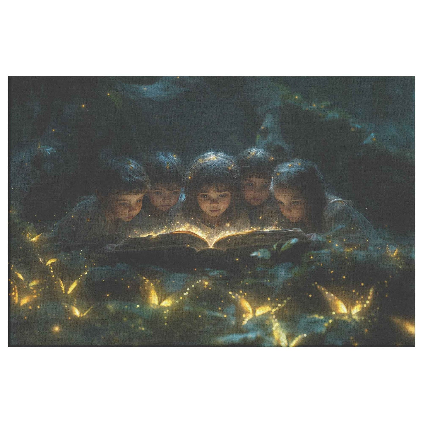 Children Reading A Glowing Bible In The Magical Forest With Glowing Butterflys Kids Canvas Art Decor