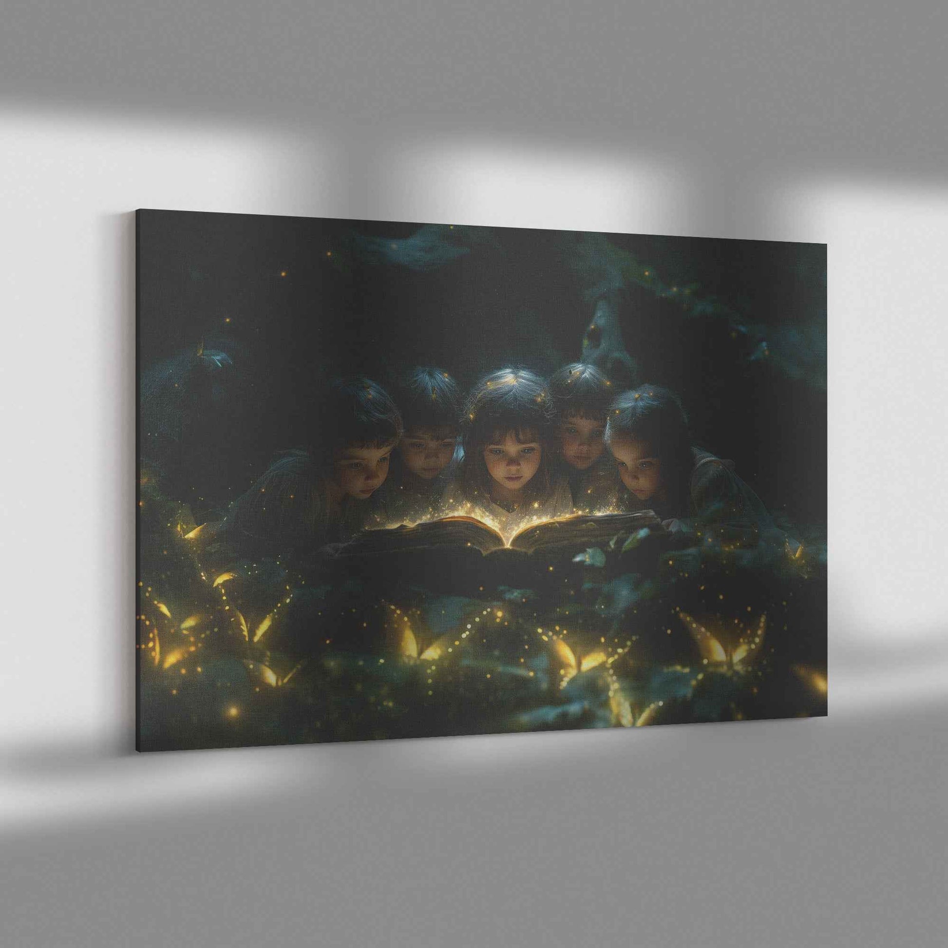 Children Reading A Glowing Bible In The Magical Forest With Glowing Butterflys Kids Canvas Art Decor