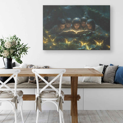 Children Reading A Glowing Bible In The Magical Forest With Glowing Butterflys Kids Canvas Art Decor