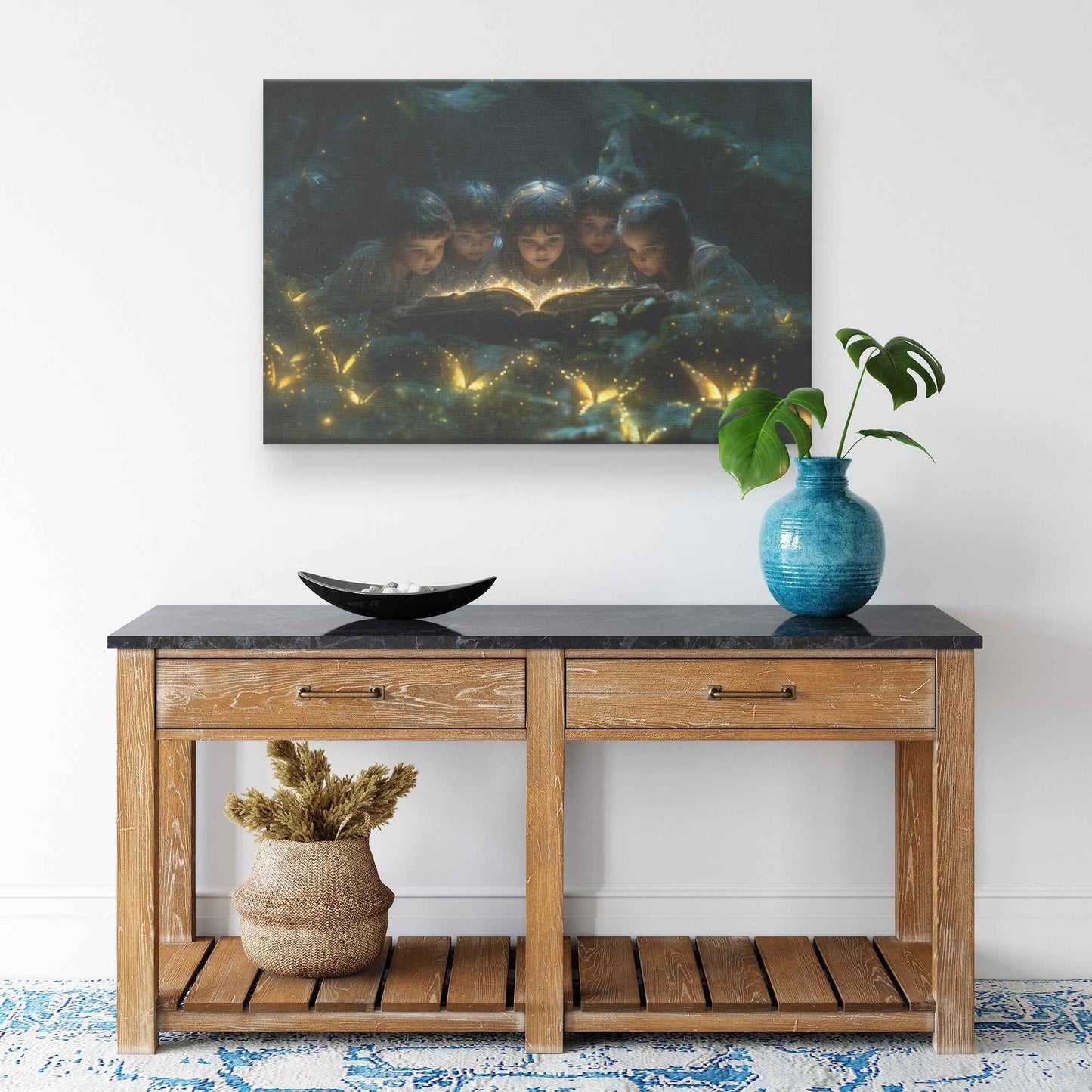 Children Reading A Glowing Bible In The Magical Forest With Glowing Butterflys Kids Canvas Art Decor