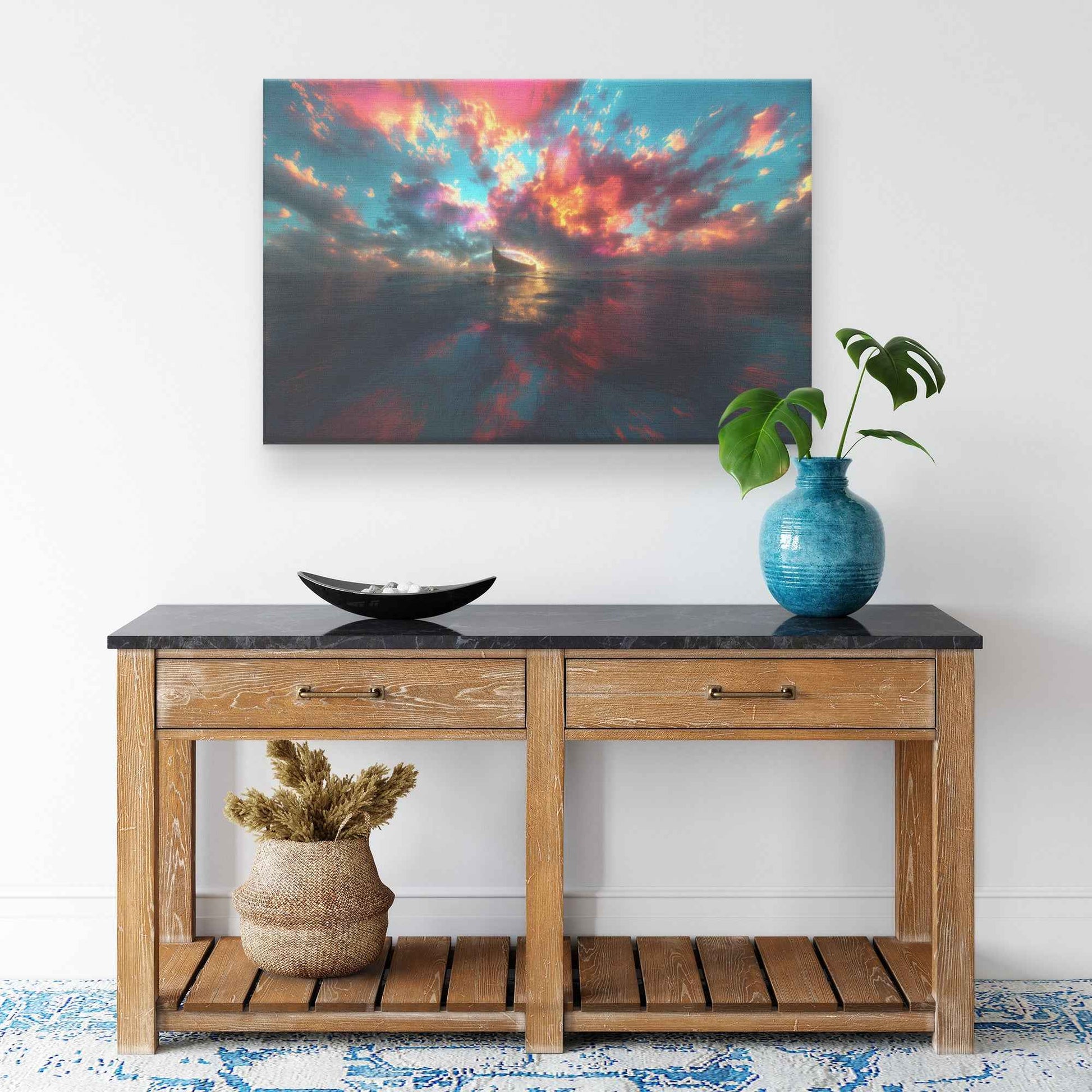 Colorful Sunset Over the Ocean with Noah's Ark   Christian Canvas Wall Decor