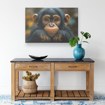 Cute Baby Chimpanzee with Big Eyes Smiling and Holding Chin  Adorable Ape Canvas Wall Art Decor - Awakening Righteousness