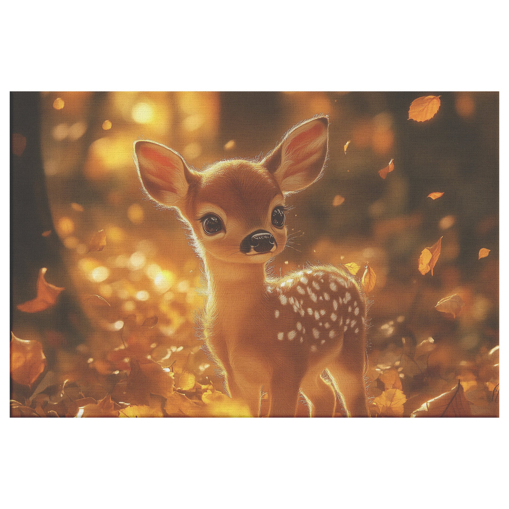 Cute Baby Deer in a Forest Surrounded Golden Autumn Leaves  Peaceful Nature Canvas Wall Art Decor - Awakening Righteousness
