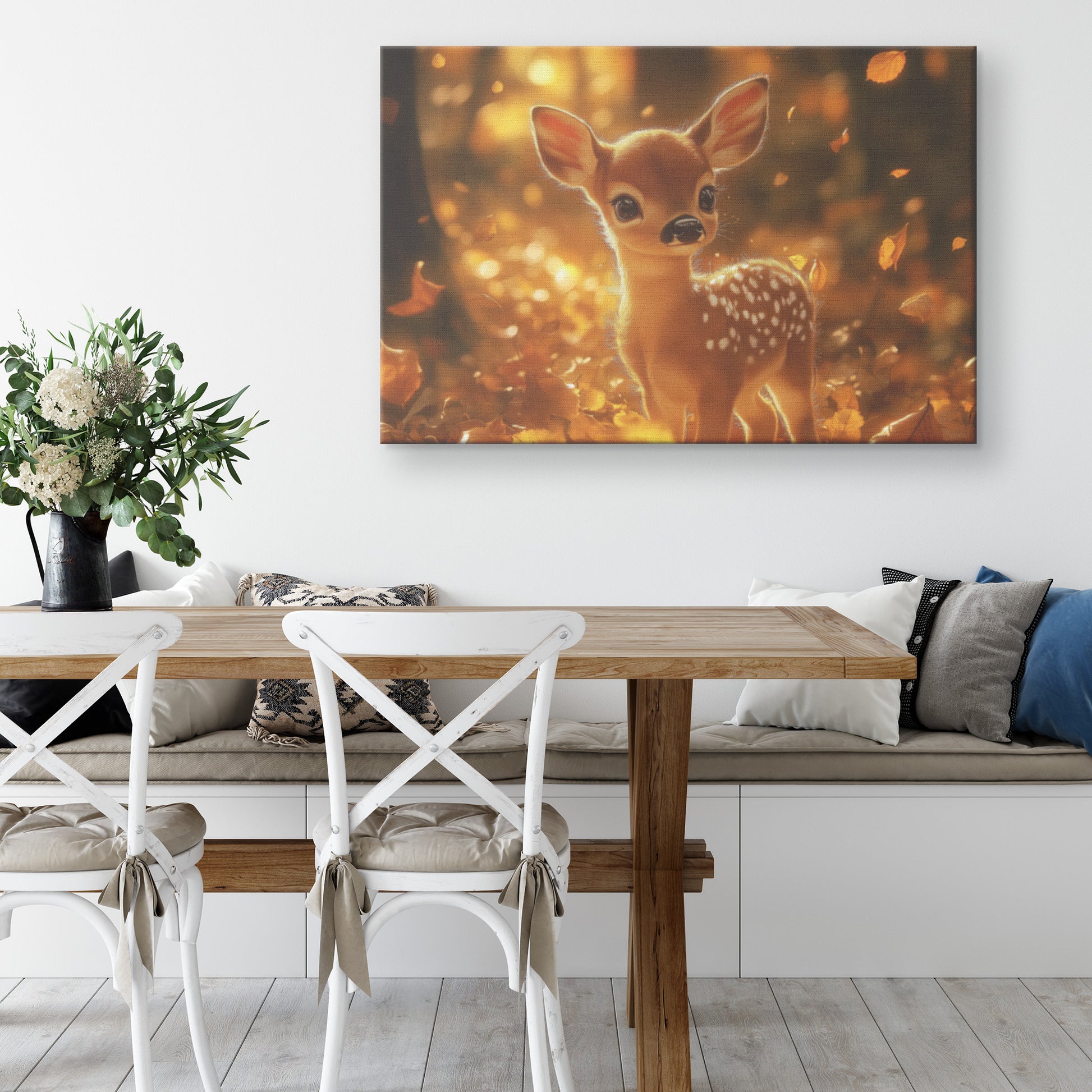Cute Baby Deer in a Forest Surrounded Golden Autumn Leaves  Peaceful Nature Canvas Wall Art Decor - Awakening Righteousness
