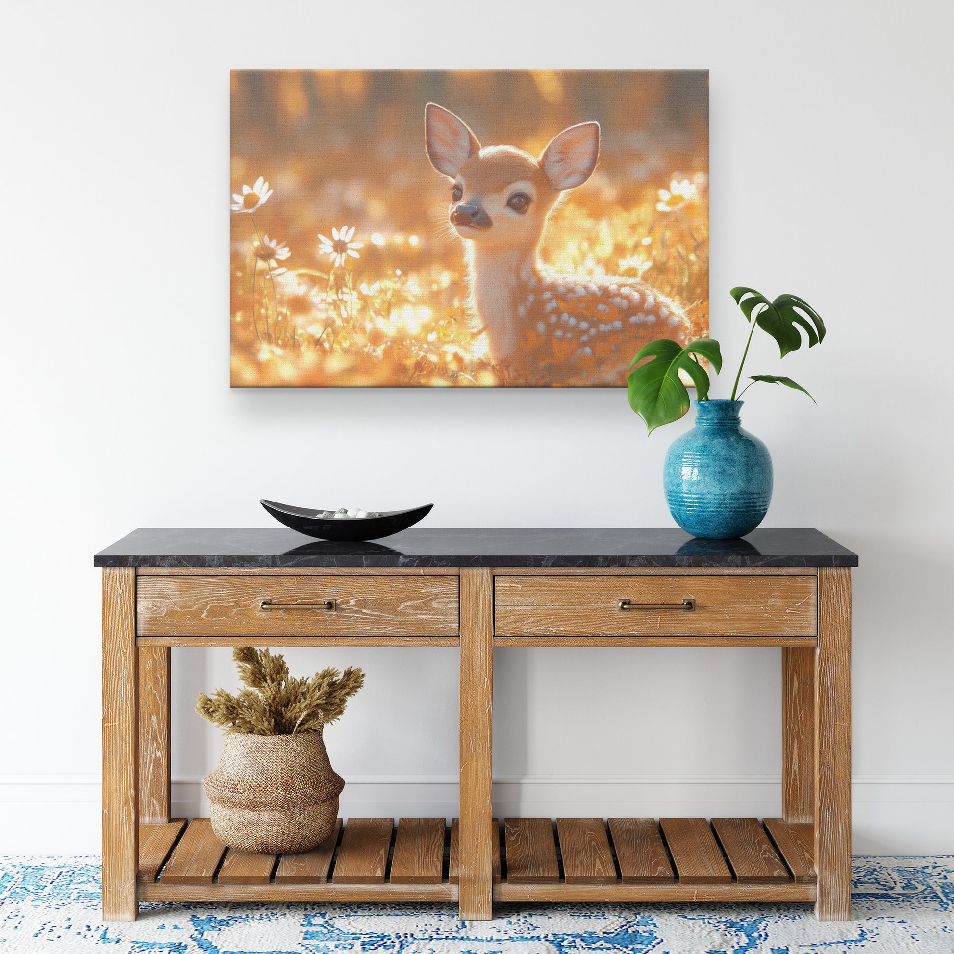 Cute Baby Deer in the Sun Surrounded Daisies in a Warm Autumn Meadow  Serene Nature Canvas Wall Art Decor - Awakening Righteousness