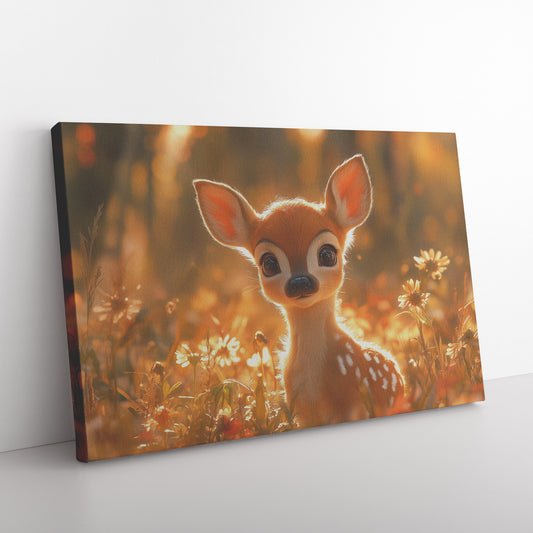 Cute Baby Deer with Big Eyes in Forest Surrounded Flowers and Grass  Dreamy Nature Canvas Wall Art for Home Living Room or Nursery  Canvas Wall Art Decor - Awakening Righteousness