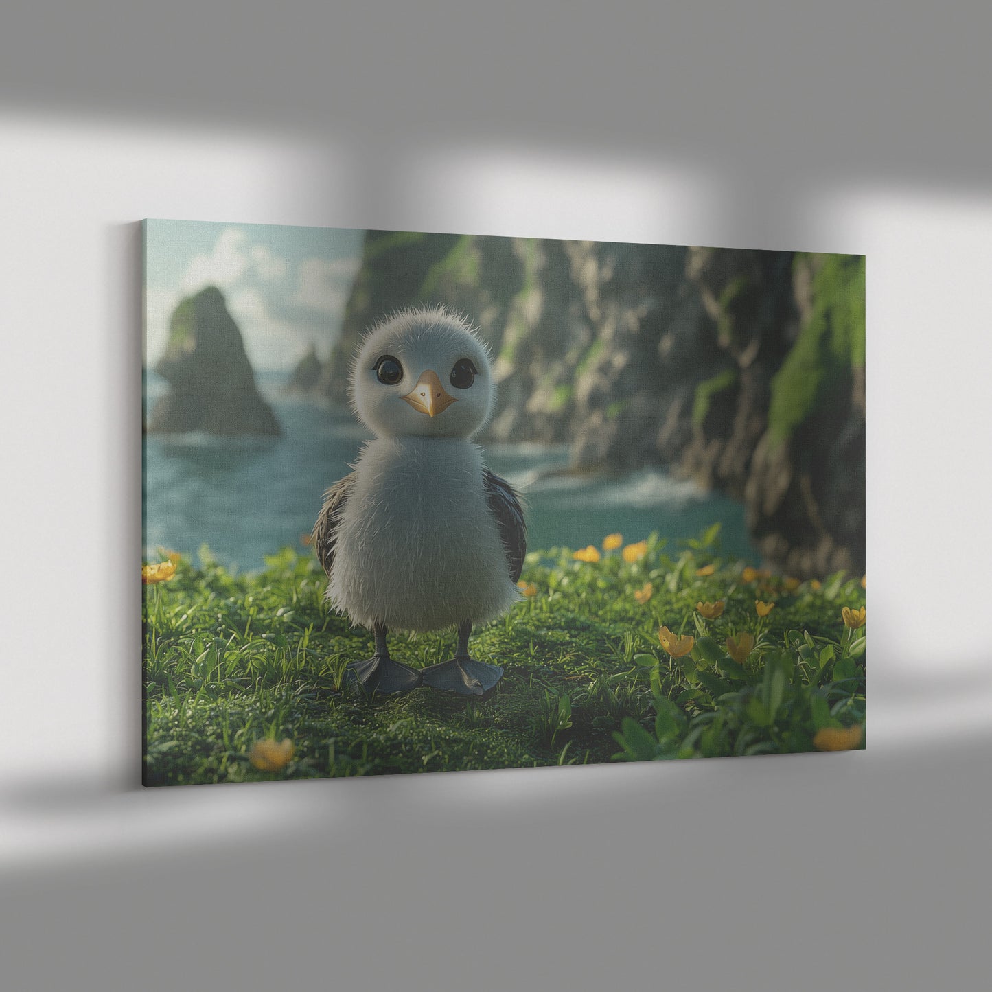 Cute BaSeagull on Grass Surrounded Flowers with Cliffs and Sea Waves in Background  Adorable Wildlife Canvas Wall Art for Home Nursery or Living Room  Canvas Wall Art Decor - Awakening Righteousness