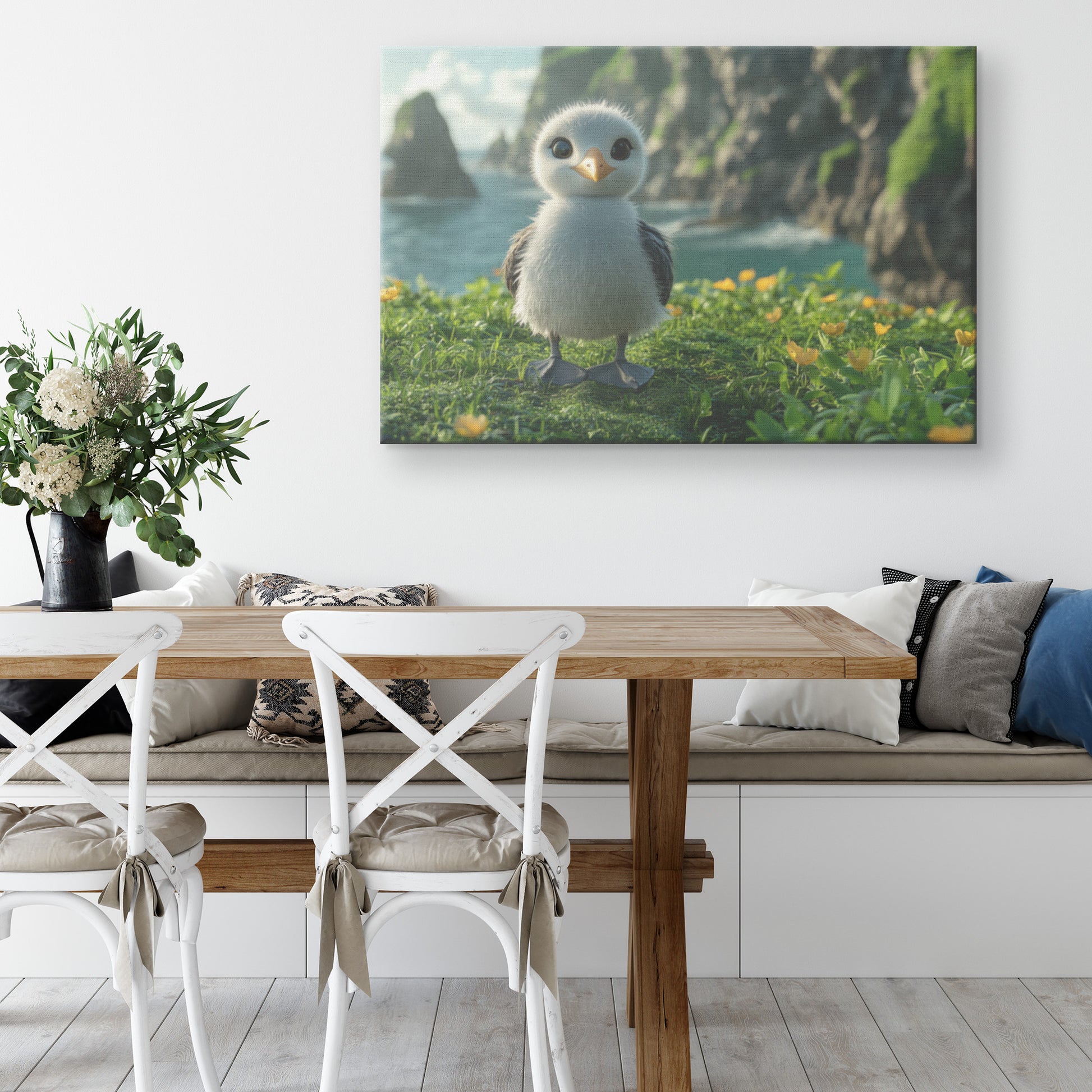 Cute BaSeagull on Grass Surrounded Flowers with Cliffs and Sea Waves in Background  Adorable Wildlife Canvas Wall Art for Home Nursery or Living Room  Canvas Wall Art Decor - Awakening Righteousness