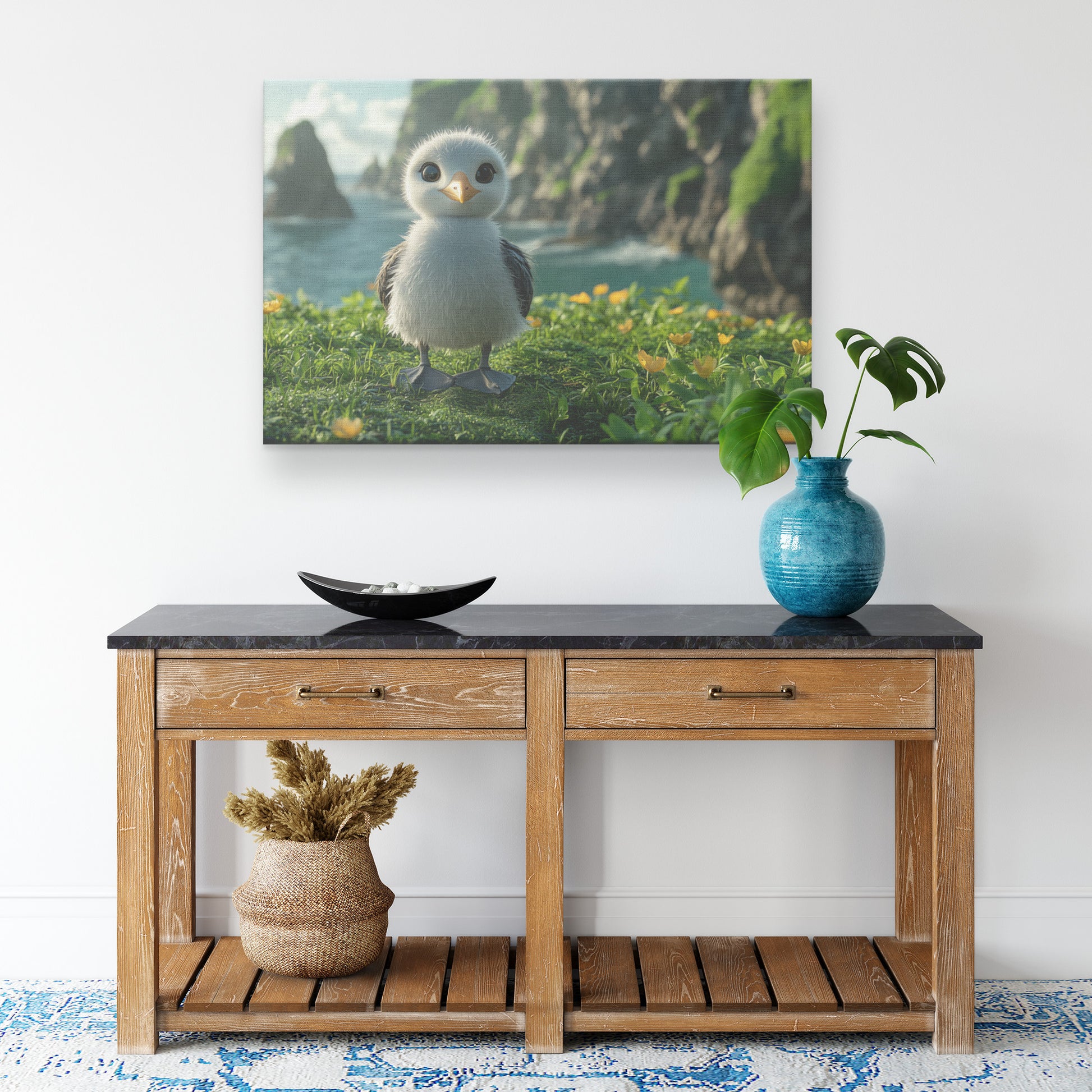 Cute BaSeagull on Grass Surrounded Flowers with Cliffs and Sea Waves in Background  Adorable Wildlife Canvas Wall Art for Home Nursery or Living Room  Canvas Wall Art Decor - Awakening Righteousness