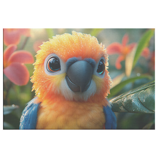 Cute Parrot with Vibrant Orange and Blue Plumage Perched on Exotic Tropical Plant with Dewdrop Covered Leaves Colorful Flowers  Canvas Wall Art for Home Living Room  Canvas Wall Art Decor - Awakening Righteousness