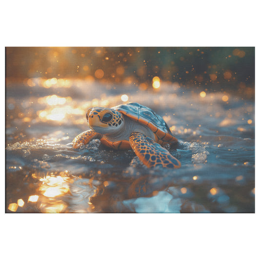 Cute Turtle Gliding Through Crystal-Clear Waters in Golden Sunset Glow  Serene Ocean Wildlife Canvas Wall Art Decor for Home or Living Room - Awakening Righteousness