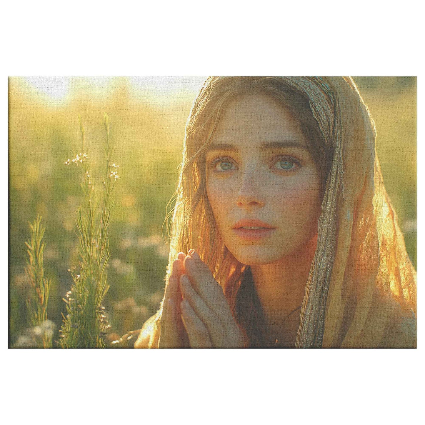 Dawn of Serenity Woman in Traditional Dress Praying in a Wildflower Field   Inspiring Christian Canvas Wall Art Decor