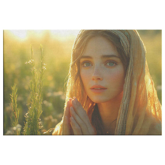 Dawn of Serenity Woman in Traditional Dress Praying in a Wildflower Field   Inspiring Christian Canvas Wall Art Decor