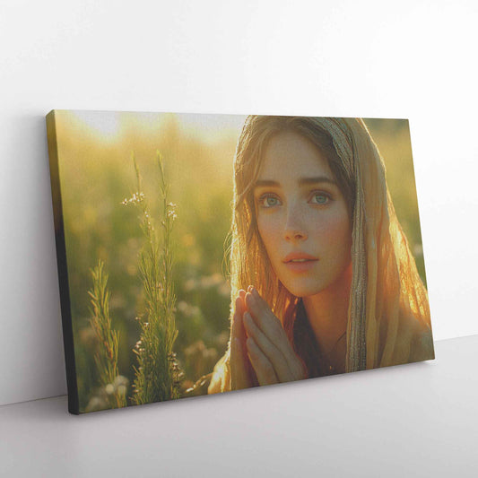 Dawn of Serenity Woman in Traditional Dress Praying in a Wildflower Field   Inspiring Christian Canvas Wall Art Decor