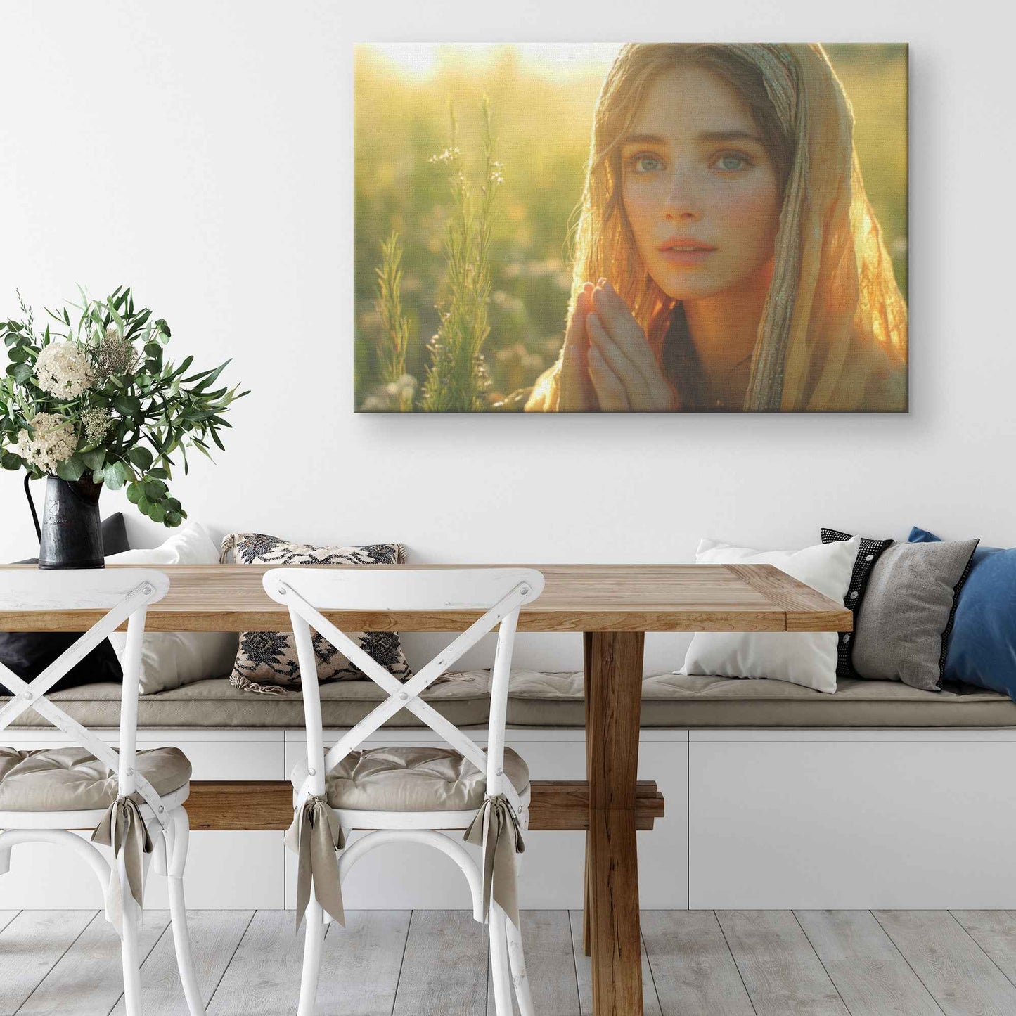 Dawn of Serenity Woman in Traditional Dress Praying in a Wildflower Field   Inspiring Christian Canvas Wall Art Decor
